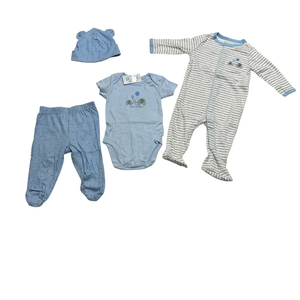 Children's Place 0-3M Baby Blue Elephant 4pc Outfit Set Hat Pants Bodysuit India